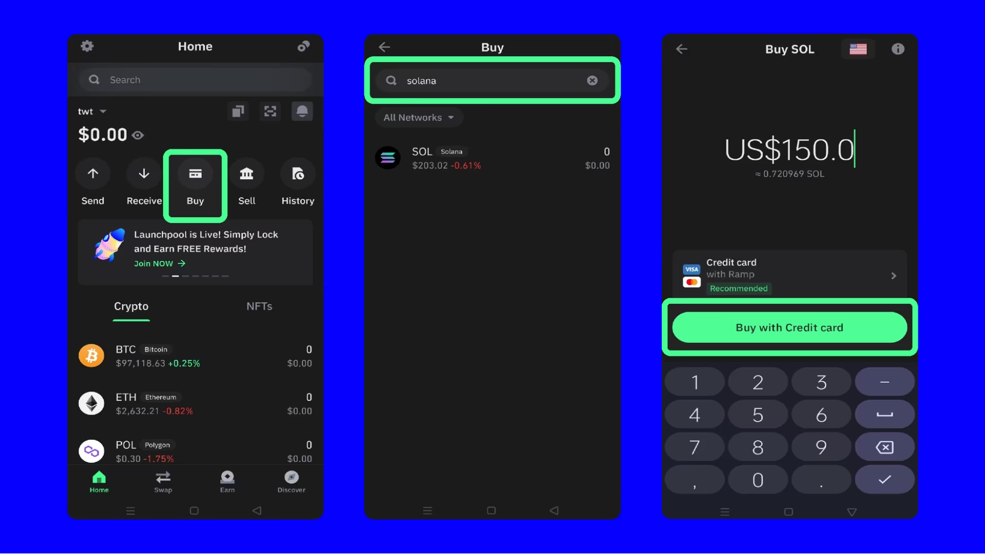 Trust Wallet screens showing Buy, search for Solana, and card purchase