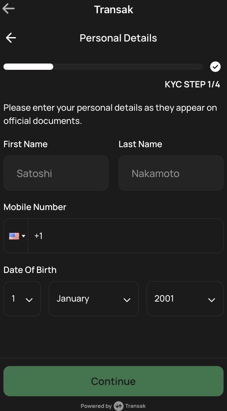 Transak KYC personal details screen