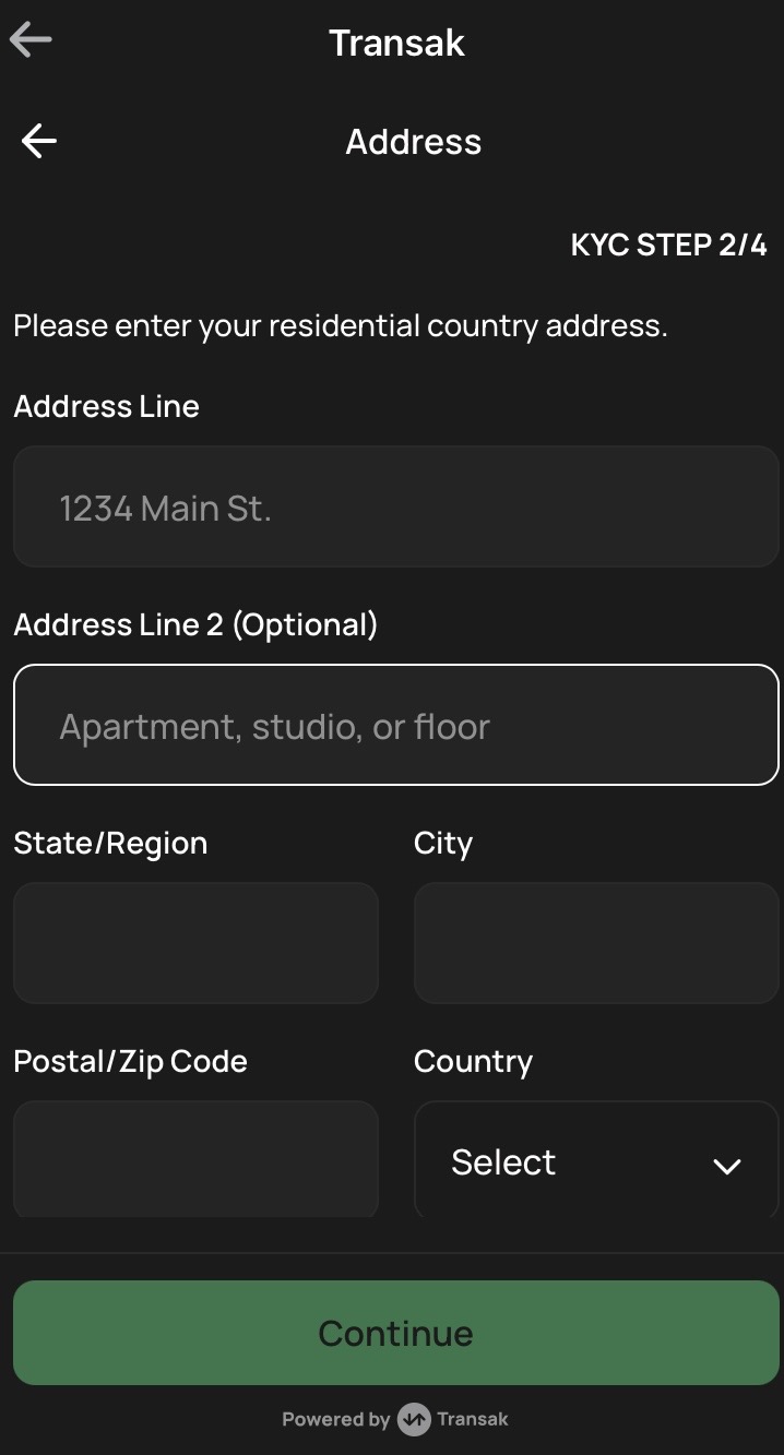 Transak KYC residential address screen