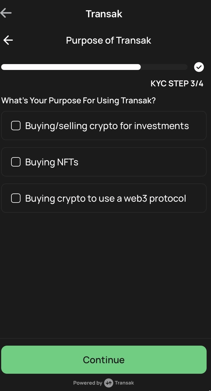 Transak KYC purpose selection screen