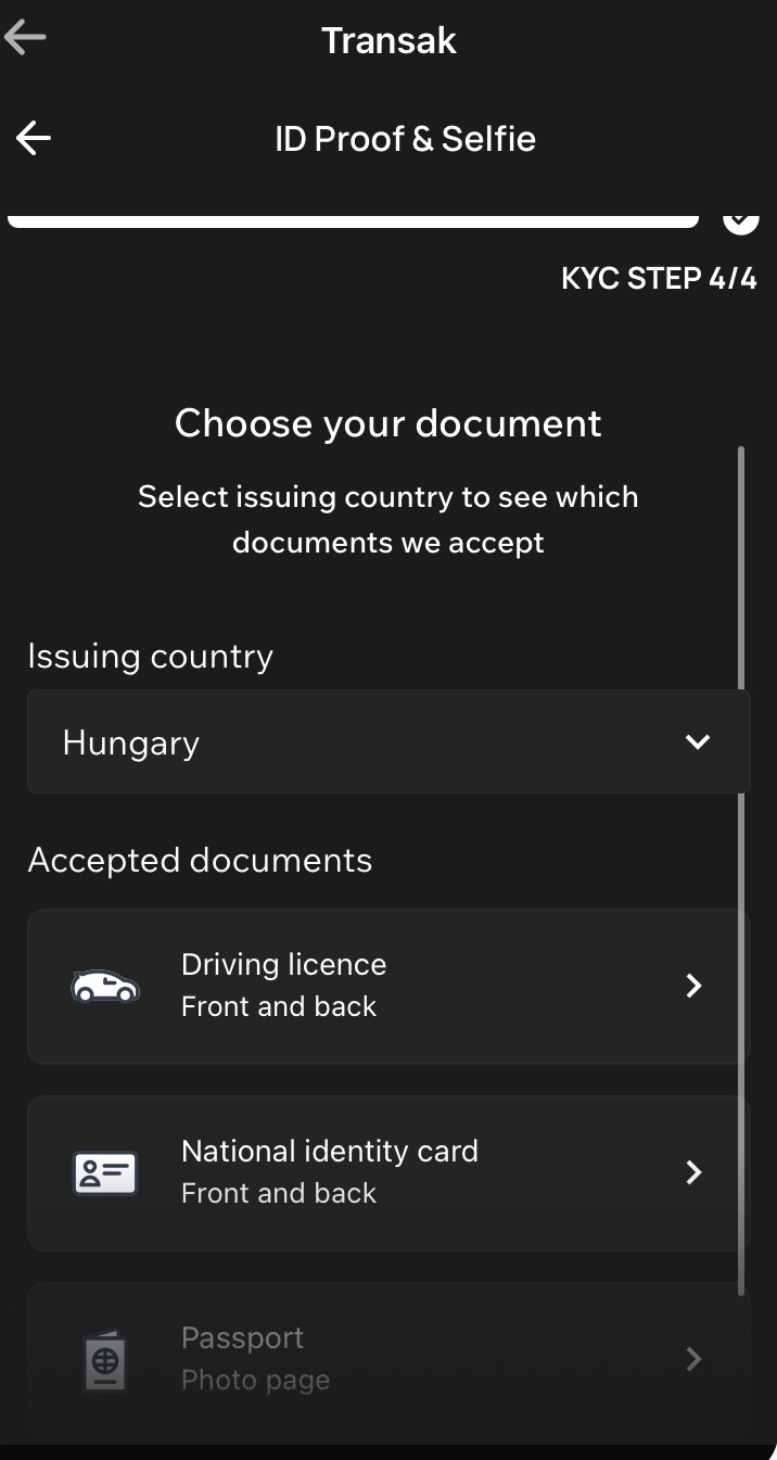 Transak accepted identity documents screen