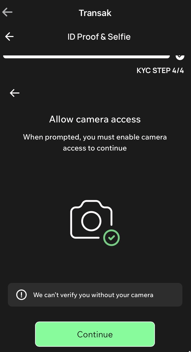 Transak camera access screen
