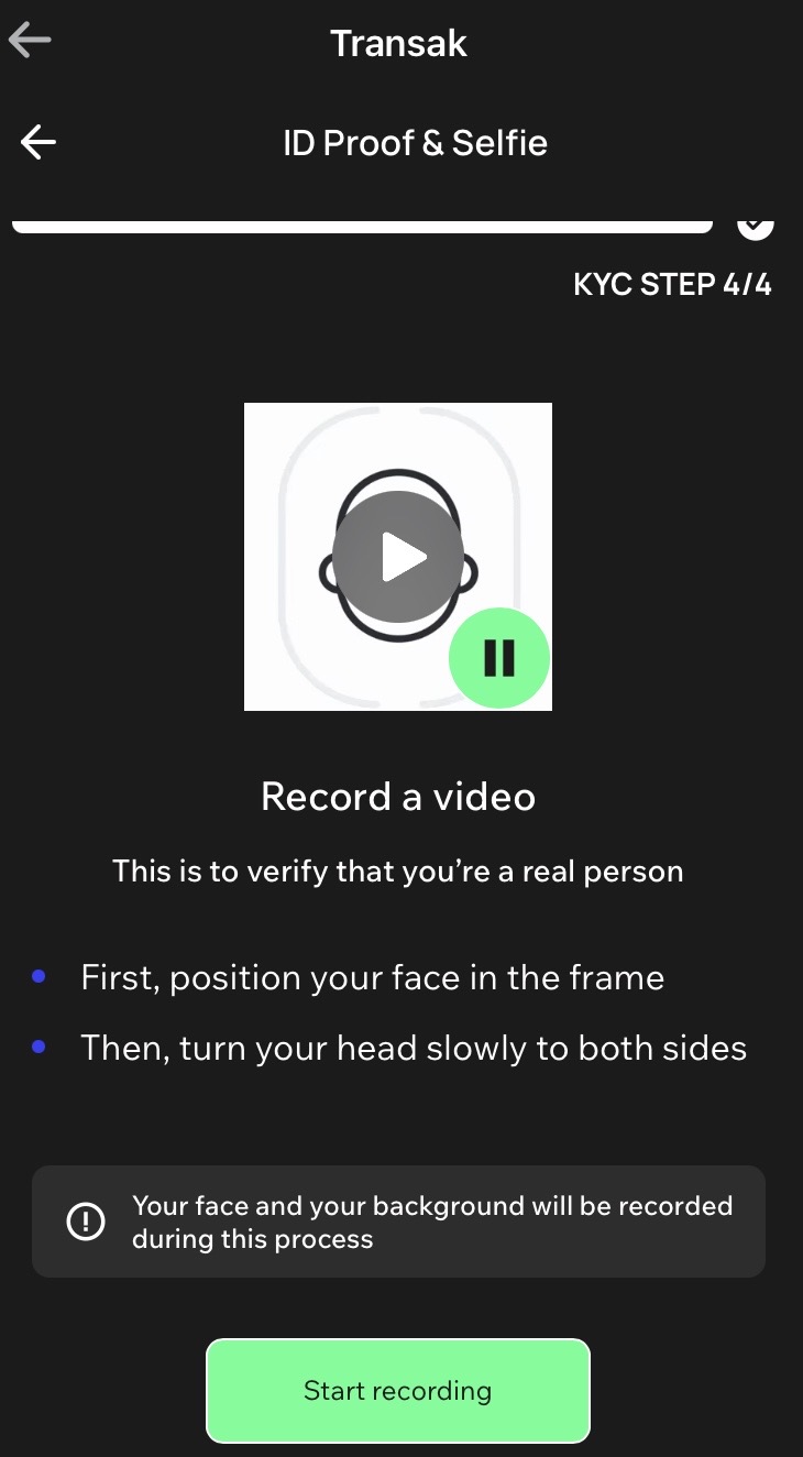 Transak selfie video verification screen