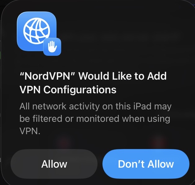 VPN configuration permission screen